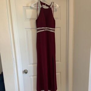 My Michelle Burgundy Halter Prom Dress with Rhinestone Trim
